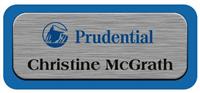 Metal Name Tag: Brushed Silver Metal Name Tag with a Blue Plastic Border