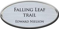 Framed Name Tag: Silver Plastic (oval) - Brushed Aluminum and Black Plastic Insert