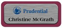 Metal Name Tag: Brushed Silver Metal Name Tag with a Burgundy Plastic Border