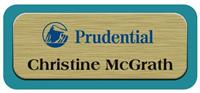 Metal Name Tag: Brushed Gold Metal Name Tag with a Bahama Blue Plastic Border