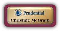 Metal Name Tag: Shiny Gold Metal Name Tag with a Burgundy Plastic Border and Epoxy