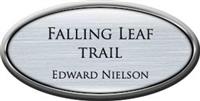 Framed Name Tag: Silver Plastic (Oval) - Brushed Aluminum and Black Plastic Insert with Epoxy