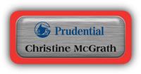 Metal Name Tag: Brushed Silver Metal Name Tag with a Red Plastic Border and Epoxy