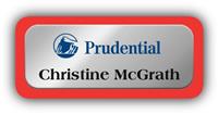Metal Name Tag: Shiny Silver Metal Name Tag with a Red Plastic Border
