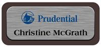 Metal Name Tag: Brushed Silver Metal Name Tag with a Dark Brown Plastic Border