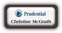 Metal Name Tag: White Metal Name Tag with a Dark Brown Plastic Border and Epoxy