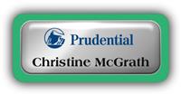 Metal Name Tag: Shiny Silver Metal Name Tag with a Bright Green Plastic Border and Epoxy