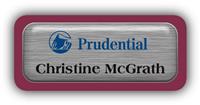 Metal Name Tag: Brushed Silver Metal Name Tag with a Burgundy Plastic Border and Epoxy