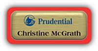 Metal Name Tag: Brushed Gold Metal Name Tag with a Red Plastic Border and Epoxy