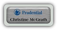 Metal Name Tag: Brushed Silver Metal Name Tag with a Pearl Grey Plastic Border and Epoxy