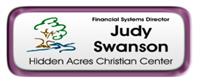 Metal Name Tag: White with Shiny Purple Metal Border