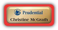 Metal Name Tag: Shiny Gold Metal Name Tag with a Red Plastic Border and Epoxy